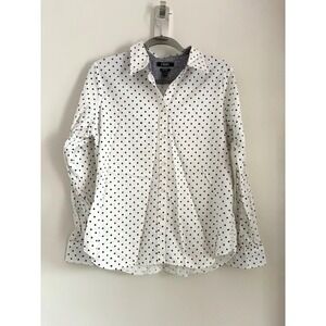 Chaps Womens XL No Iron Polka Dot Button Down Shirt White Navy Blue Long Sleeve